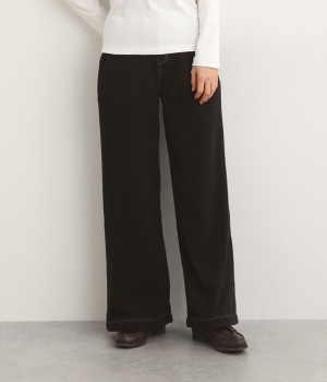 発熱ニットデニムワイドパンツ(ウォッシュブラック-L)