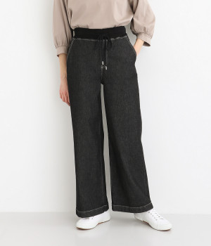 AIRジョグデニムウエストリブワイドパンツ(ウォッシュブラック-L)