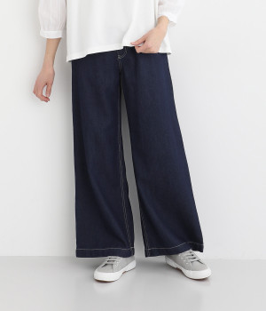 リネン混デニムワイドパンツ(ワンウォッシュ-L)