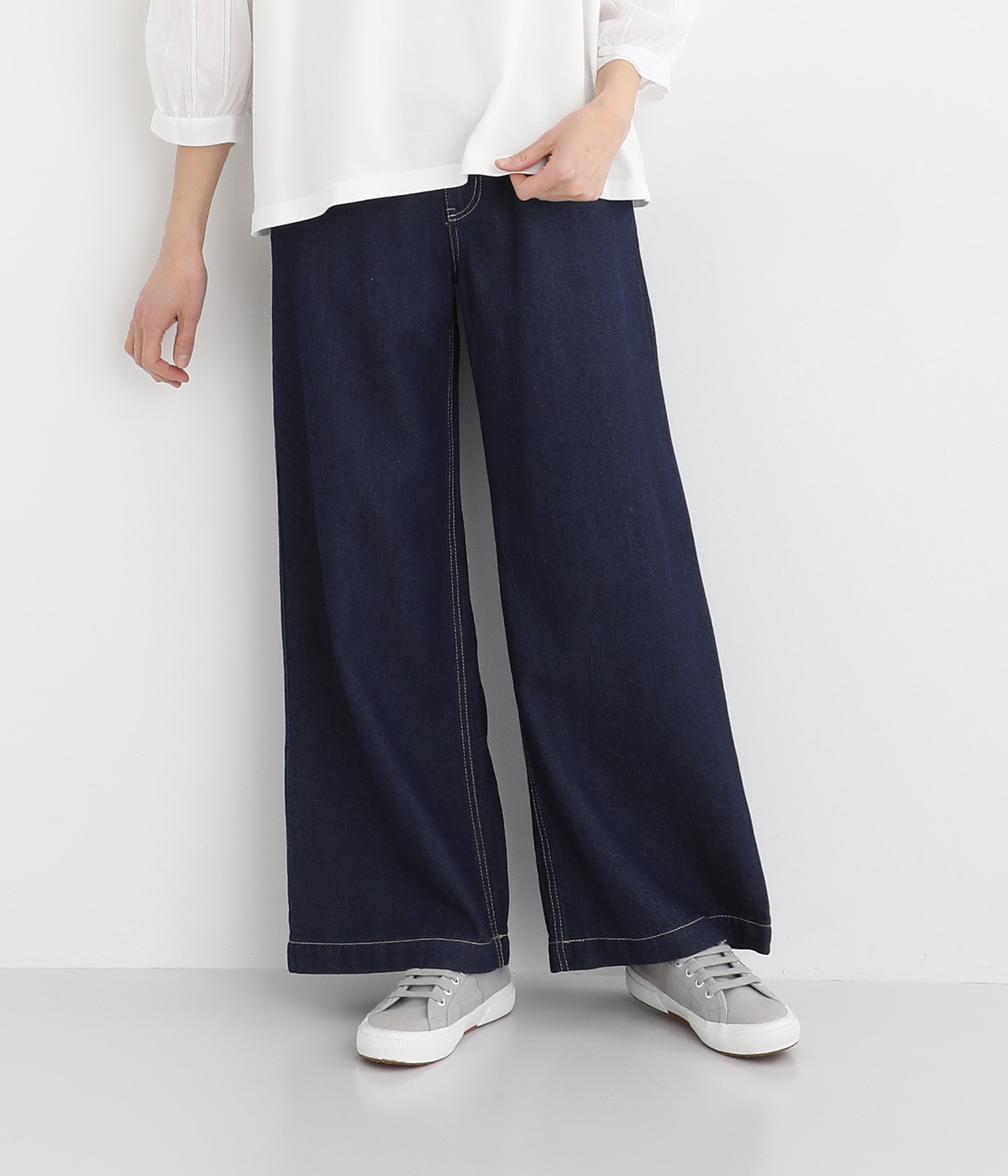 リネン混デニムワイドパンツ(ワンウォッシュ-M)