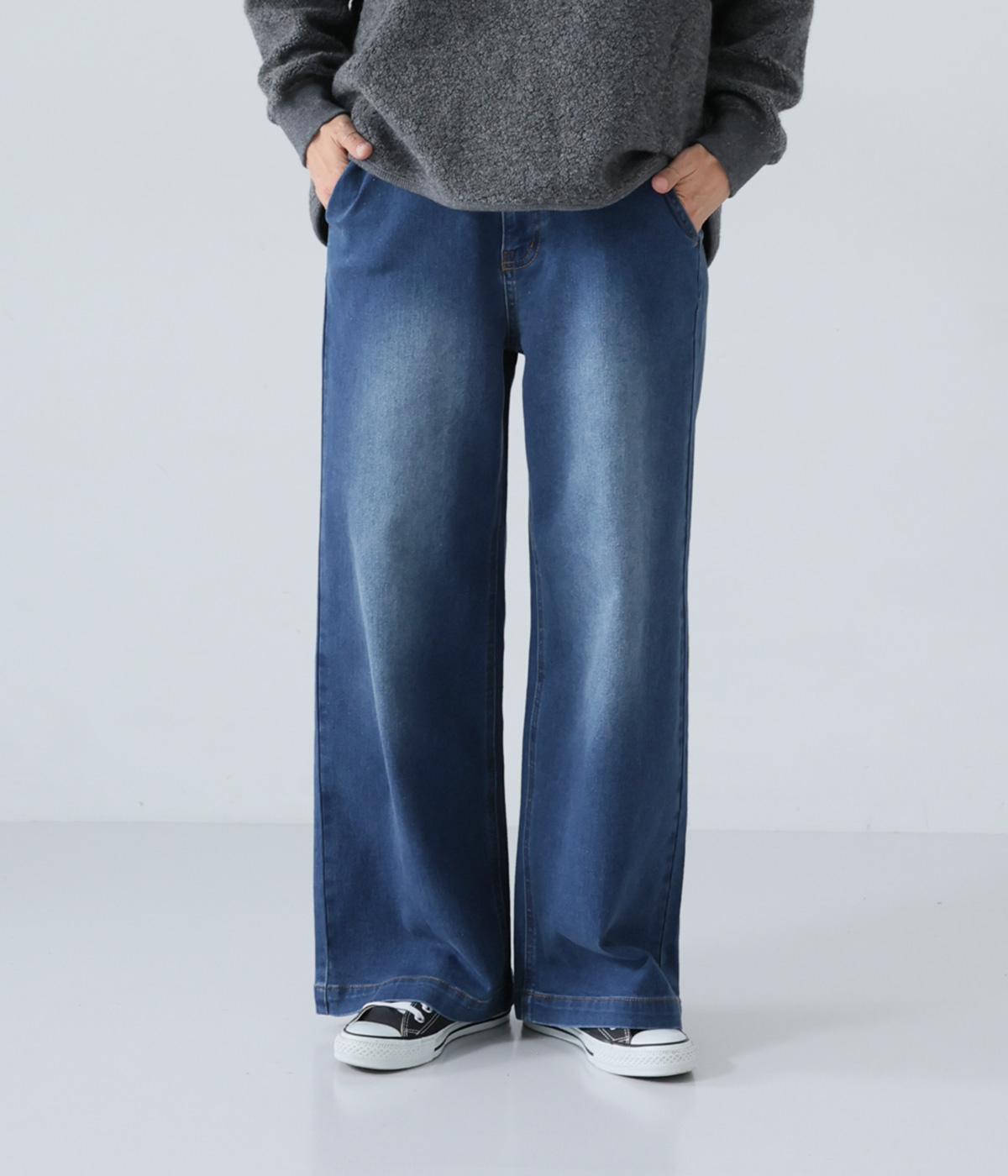 裏起毛デニムワイドパンツ(ユーズドネイビー-M)