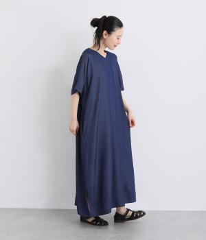 軽やかVネック半袖ワンピース(ネイビー-L)