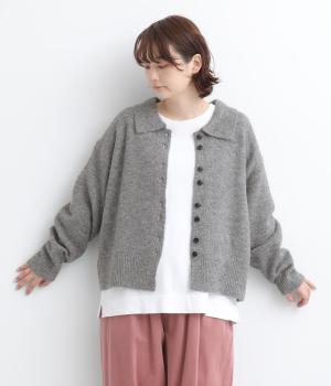 釦づかいニットシャツカーディガン（グレー・L）