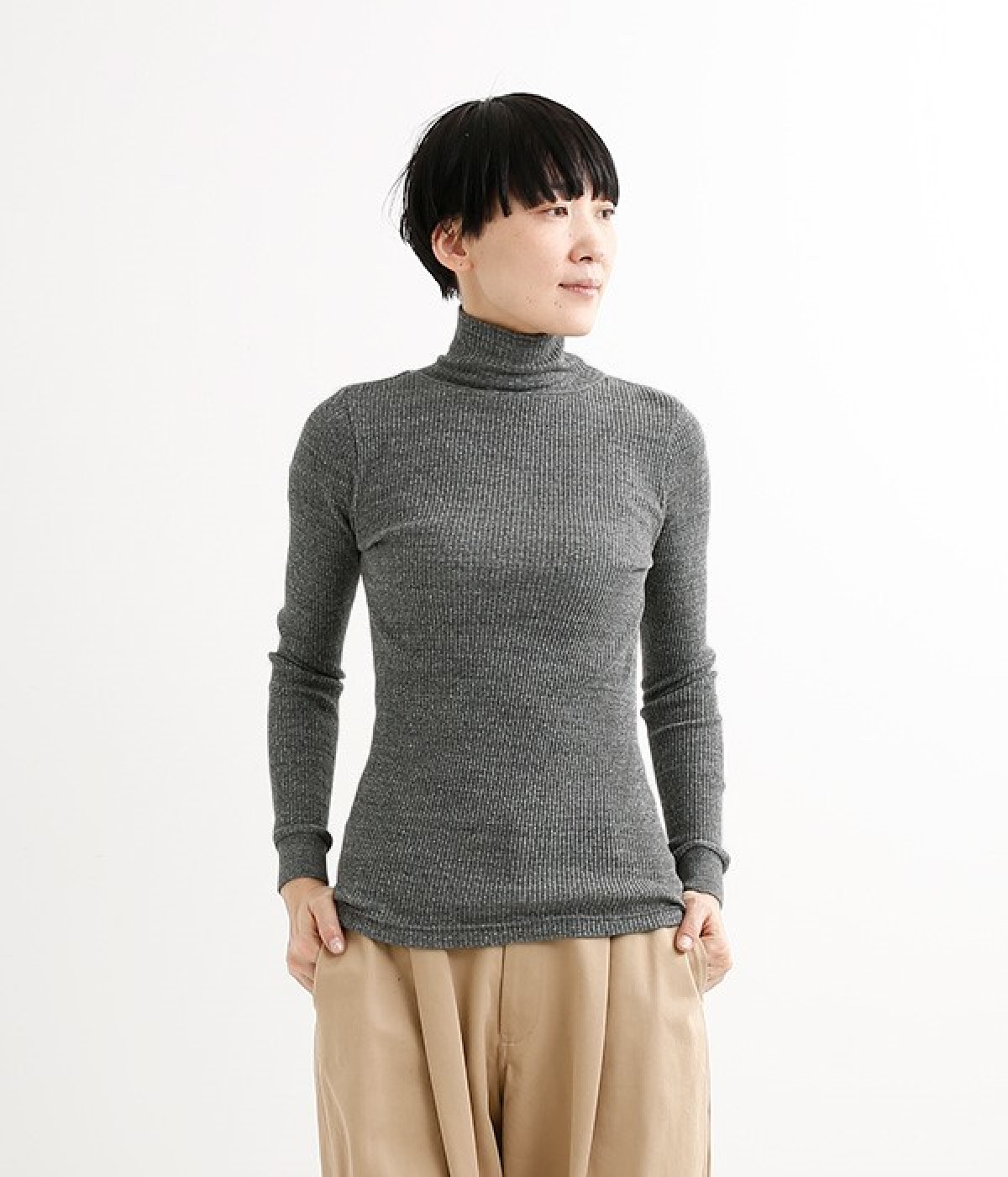 コットンリブ　タートルネック(チャコール-ONESIZE)