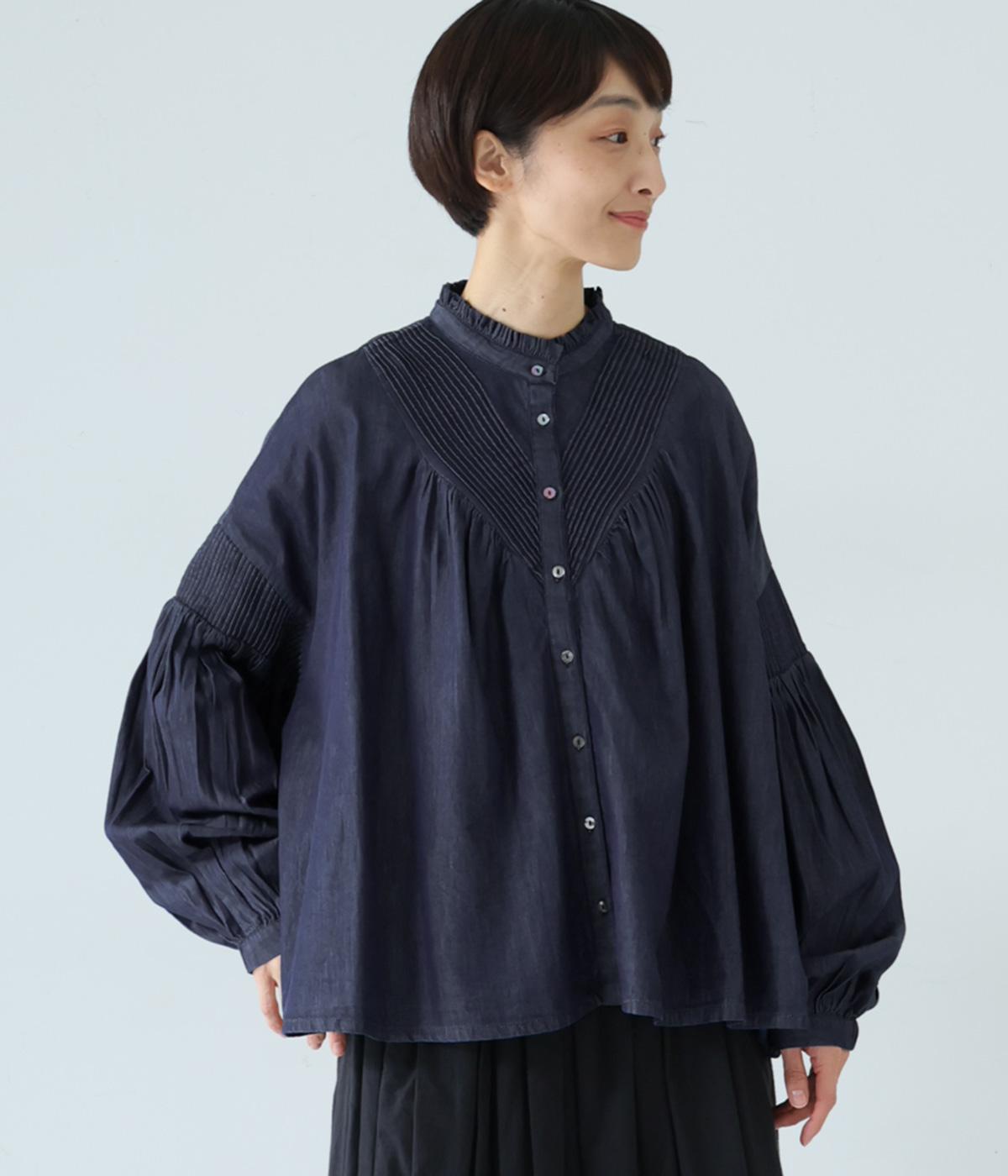 Vピンタックデニムブラウス(ネイビー-F)
