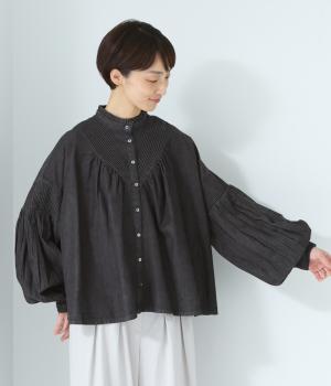 Vピンタックデニムブラウス(ブラック-F)
