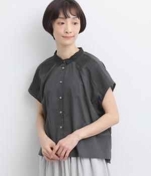 配色チビ襟ピンタック切替ブラウス(チャコール-F)