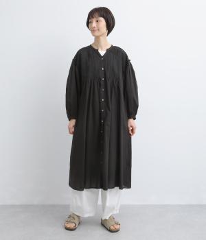 ピンタックレース前開きギャザーワンピース(ブラック-F)