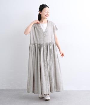 シアー刺繍ウエストギャザーワンピース(グレージュ-F)