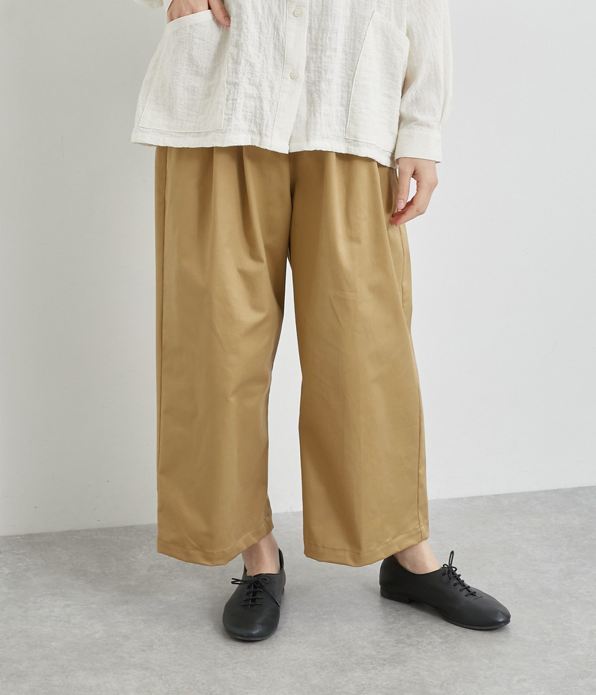 チノストレッチ　タックワイドパンツ(ダークベージュ-ONESIZE)