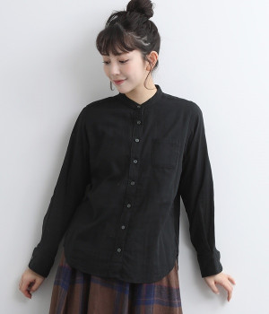 ダブルガーゼ　バンド襟シャツ(ブラック-36)