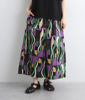 コットンタイプライター幾何柄フレアパンツ(ブラック-ONESIZE)