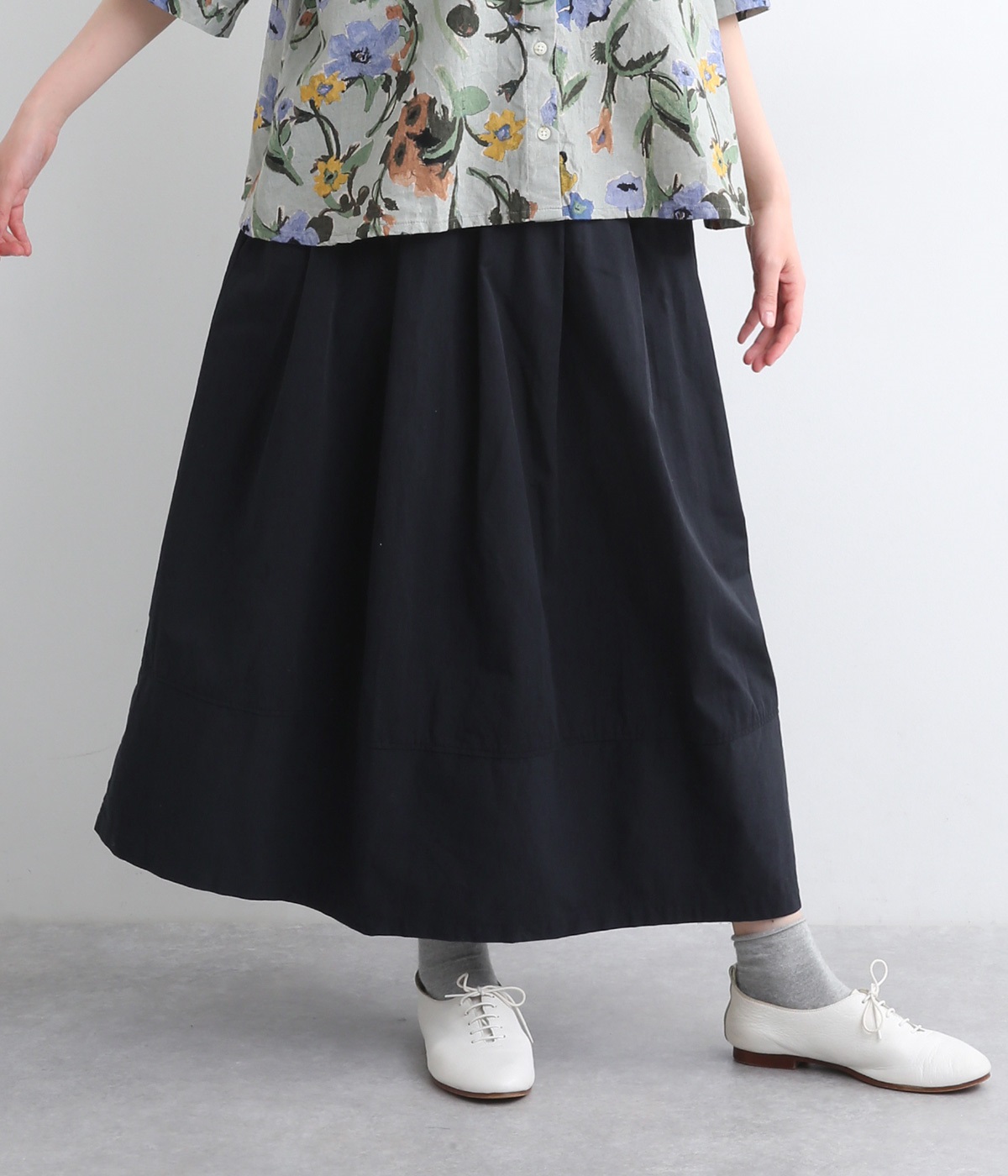 コットン洗い天日バーバリータックフレア―スカート(ダークネイビー-ONESIZE)