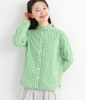 コットン洗い天日コームギンガム長袖レギュラーシャツ(グリーン-34)