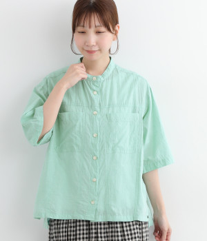 コットン洗い天日オーガニックマグワッシャー7分袖ワークシャツ(ミント-ONESIZE)
