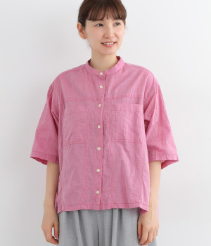 コットン洗い天日オーガニックマグワッシャー7分袖ワークシャツ(ピンク-ONESIZE)