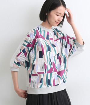 コットンタイプライター幾何柄ドルマンプルオーバー(オフホワイト-ONESIZE)