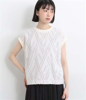 先染カットジャカードフリンジフレンチベスト(ベージュ-ONESIZE)