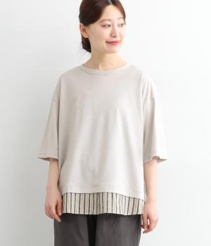 【toujours ensemble】コットンコーマ天竺×コットンリネンモノトーンパターンワッシャー5分袖ドッキングプルオーバー(ライトグレー-ONESIZE)