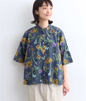 【toujours ensemble】リネンコットン洗い天日花柄6分袖フレアーシャツ(ネイビー-ONESIZE)