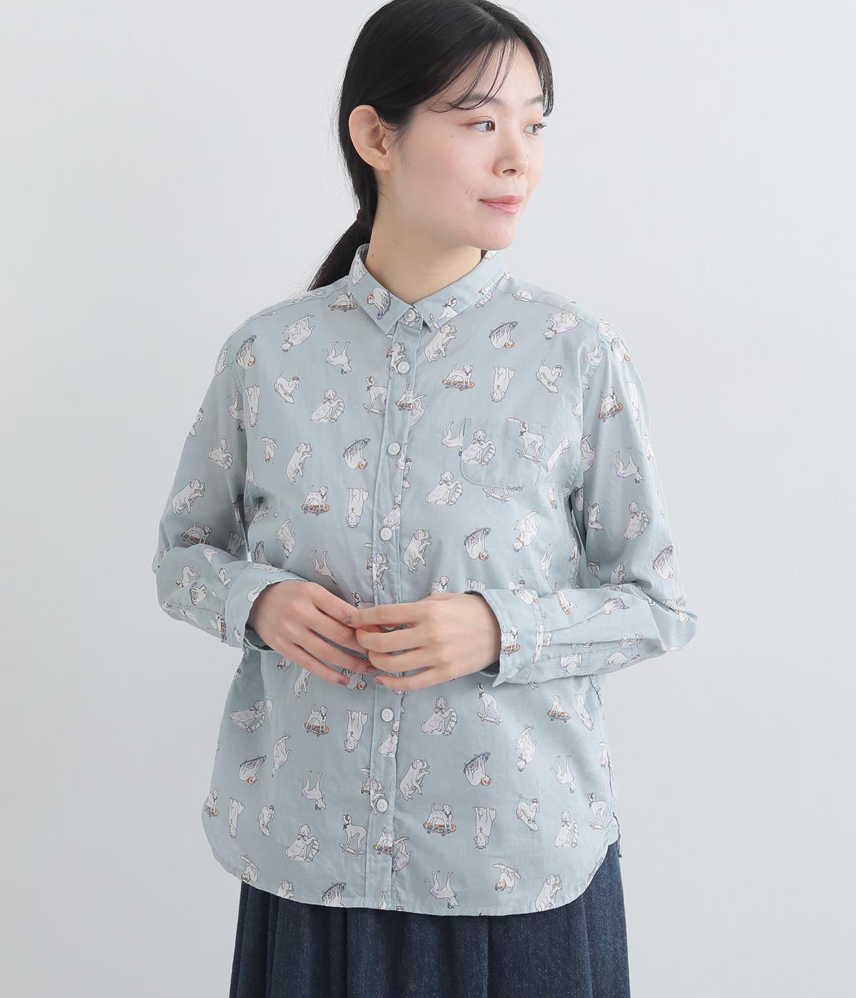 60ローンイヌ・ネコ柄長袖レギュラーシャツ(グレー-F)