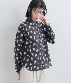 60ローンイヌ・ネコ柄長袖レギュラーシャツ(ネイビー-F)