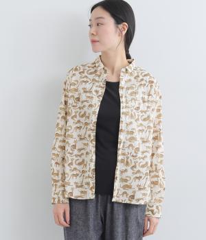 60ローンイヌ・ネコ柄長袖レギュラーシャツ(ブラウン-F)