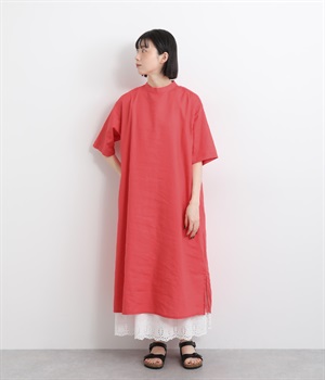【toujours ensemble】コットンリネン6分袖ミニハイネックプルワンピース(レッド-ONESIZE)