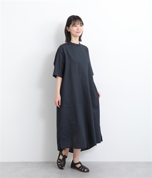 【toujours ensemble】コットンリネン6分袖ミニハイネックプルワンピース(ネイビー-ONESIZE)