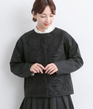 ツイルストレッチジャカードクルーネックジャケット(ブラック-F)