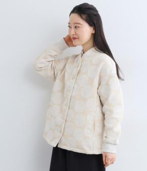 シェニール柄府ドット柄ハイネックラインジャケット(ベージュ-F)