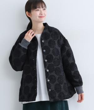シェニール柄府ドット柄ハイネックラインジャケット(ブラック-F)
