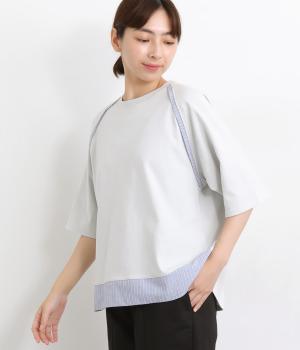 コットン天竺ストライプ切り替えプルオーバー(ライトグレー×ブルー-ONESIZE)