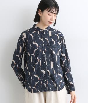 コットン洗い総柄プリントシャツ(ネイビー-ONESIZE)