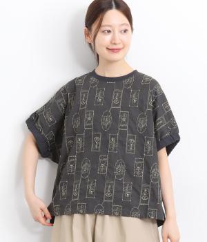 コットンブロード刺繍ギャザーノースリーブプルオーバー(チャコール-ONESIZE)