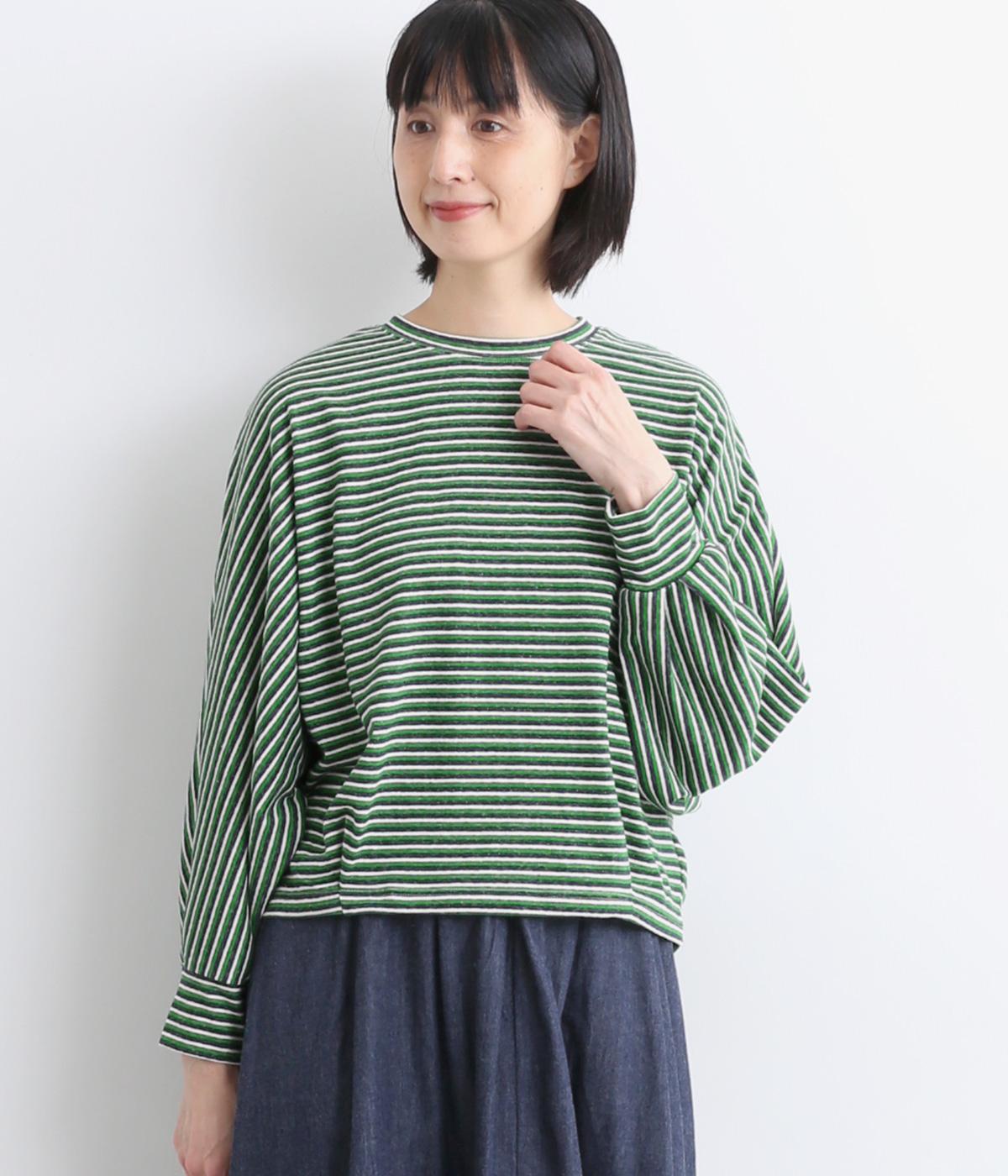 コットンリサイクルマルチボーダードルマンプルオーバー(グリーン-F)