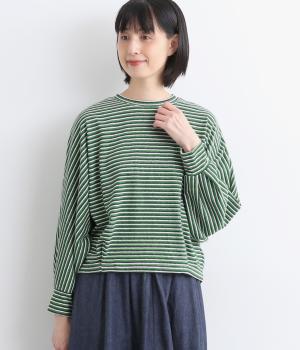 コットンリサイクルマルチボーダードルマンプルオーバー(グリーン-F)