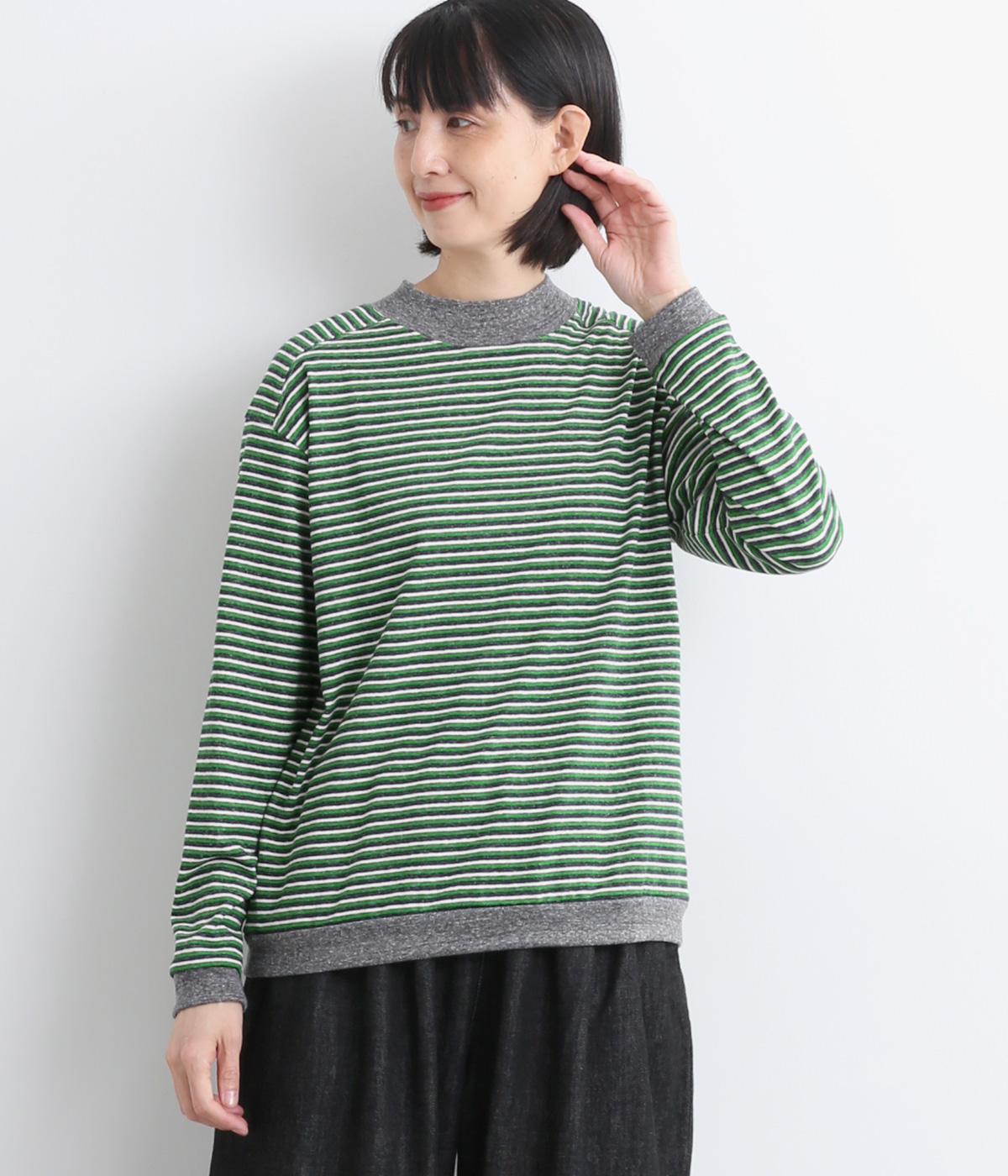 コットンリサイクルマルチボーダーモックネックプルオーバー(グリーン-F)