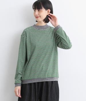 コットンリサイクルマルチボーダーモックネックプルオーバー(グリーン-F)