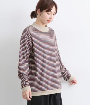 コットンリサイクルマルチボーダーモックネックプルオーバー(レッド-F)