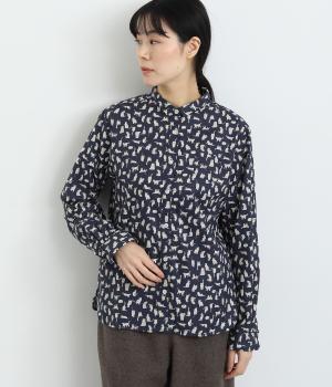 コットンビエラ総柄プリントシャツ(ネイビーネコ柄-F)