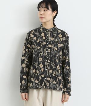 コットンビエラ総柄プリントシャツ(ブラック花柄-F)