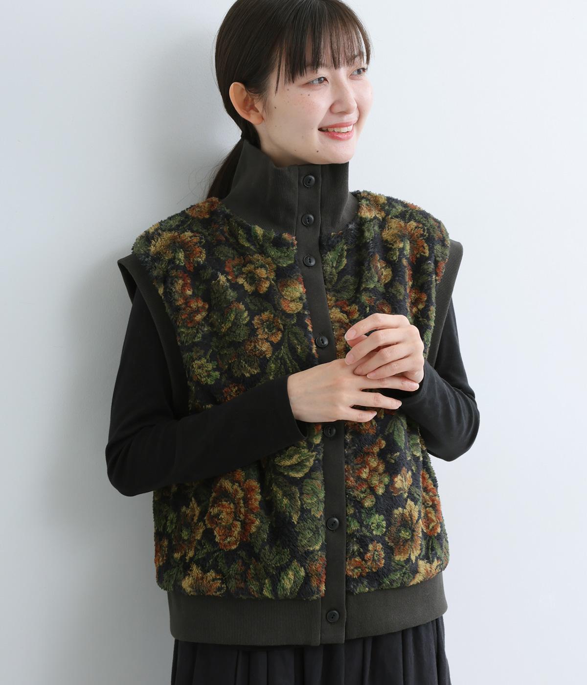 フリースプリントボタニカル柄ハイカラーベスト(ブラック-F)