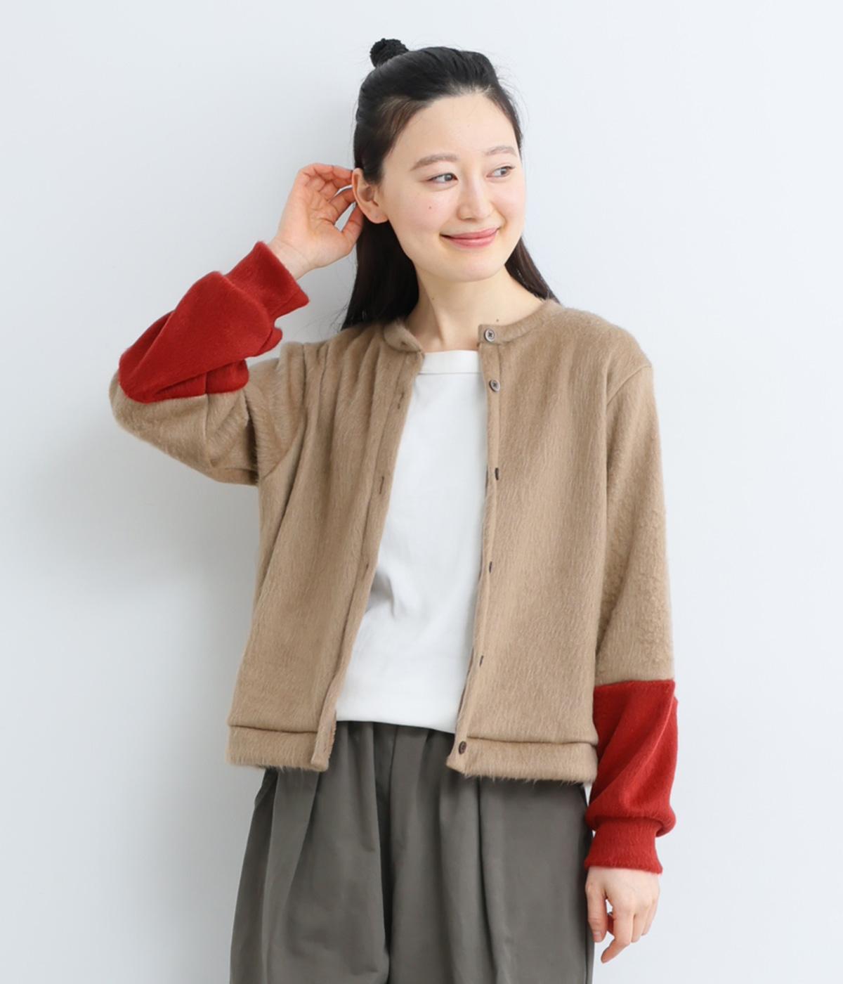 バルフィービーバーバイカラーカーディガン(ベージュ×レッド-F)