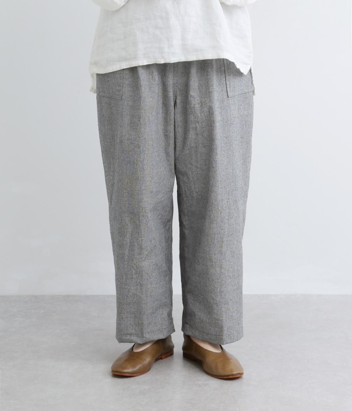 コットンシルクネップ　ギャザーパンツ(ブラック-F)