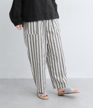 コットンシルクネップ　ギャザーパンツ(ブラックストライプ-F)