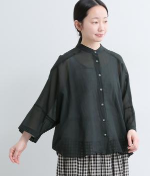 コットンシフォン　7分袖ワイドドルマンブラウス(ブラック-F)