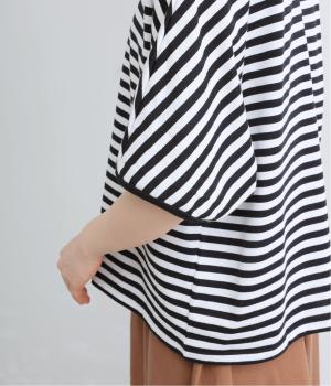 コットンボーダー　パフスリーブプルオーバー(ブラック×オフ-F)