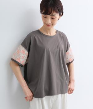 コットン天竺　袖刺繍ゆったりプルオーバー(グレー-F)
