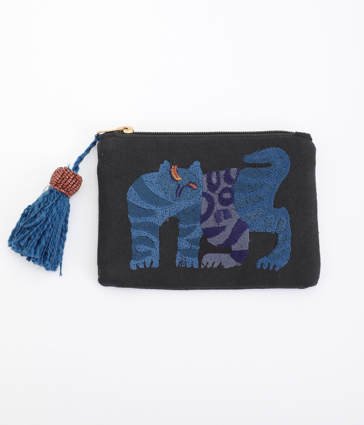 CHIZURI刺繍フラットポーチ(ネコ)(ブラック-ONESIZE)